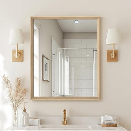 Oak Wood Effect Framed Wall Mirror, 30x36 Rectangle Mirror, Anti-desilvering Tempered Glass, Sustainable& Sturdy Frame, Farmhouse Mirror, Anti-Rust, 3min Fast Setup for Bathroom Living Room