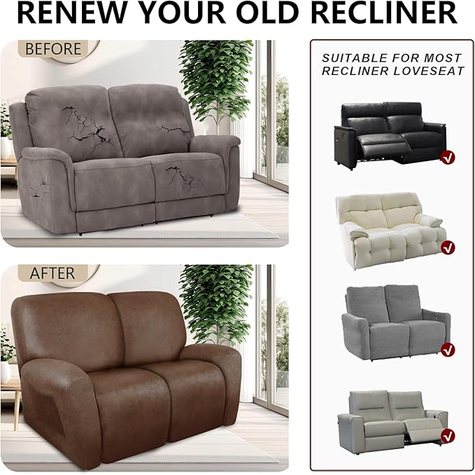 ANARACHON Loveseat Recliner Cover Leather Look Recliner Loveseat Covers Recliner Sofa Cover for 2 Seater Reclining Couch Spandex Fabric Washable 6 Pieces (2 Seater, 01 Brown)