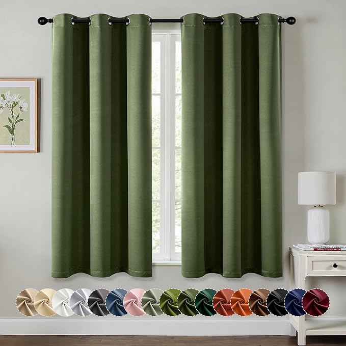 MIULEE Olive Green Blackout Curtains for Bedroom Living Room 63 Inches Long 2 Panels, Thermal Insulated Room Darkening Drapes Grommet Noise Reducing Light Blocking Window Treatments 40x63 Inch