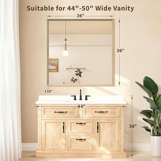 Oak Wood Effect Framed Wall Mirror, 36x36 Rectangle Mirror, Anti-desilvering Tempered Glass, Sustainable& Sturdy Frame, Farmhouse Mirror, Anti-Rust, 3min Fast Setup for Bathroom Living Room