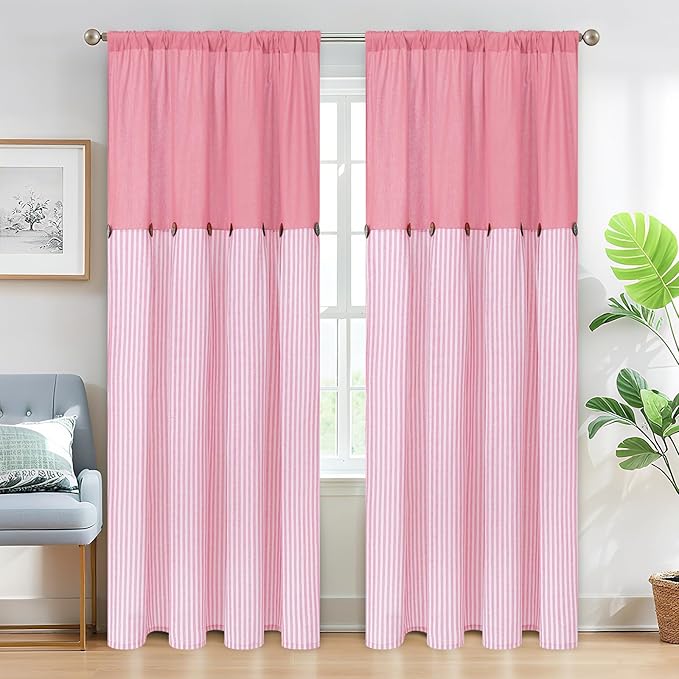ASPMIZ Cotton Linen Pink Curtains for Girls Living Room, Rod Pocket & Back Tab Boho Curtains for Bedroom, Country Farmhouse Striped Curtain with Rustic Buttons, Home Decor, 52 x 84 Inch, 2 Panels