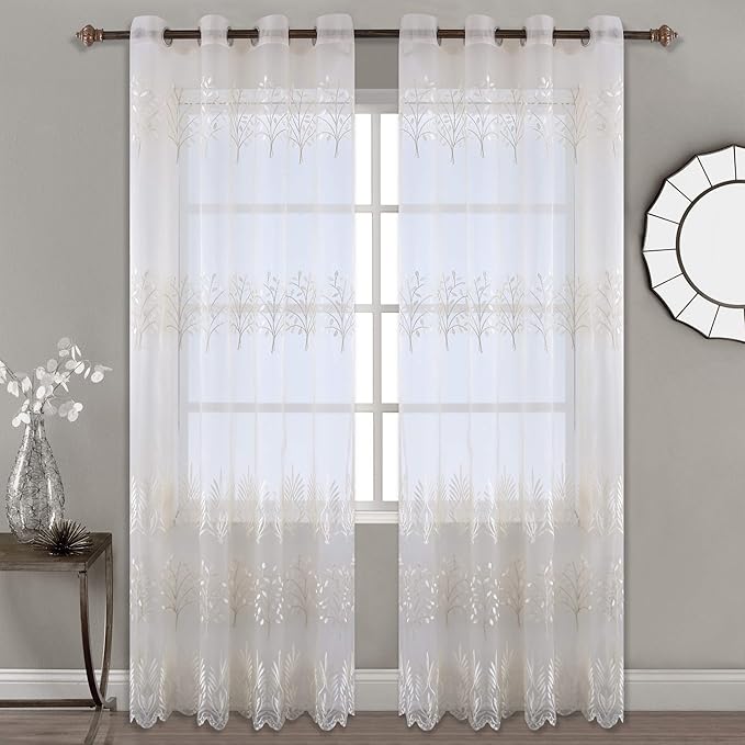 DONREN Luxury Beige Sheer Curtains for Living Room - Leaf Embroidery Sheer Curtain Panels for Bedroom (W 52 x L 84 Inch,2 Panels)