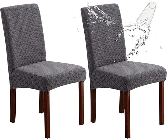 Genina Waterproof Chair Covers for Dining Room Set of 2, Stretch Jacquard Dining Chair Slipcovers Removable Washable Chair Protectors Cover for Kitchen, Hotel, Restaurant (Argyle-Dark Gray, 2 PCS)
