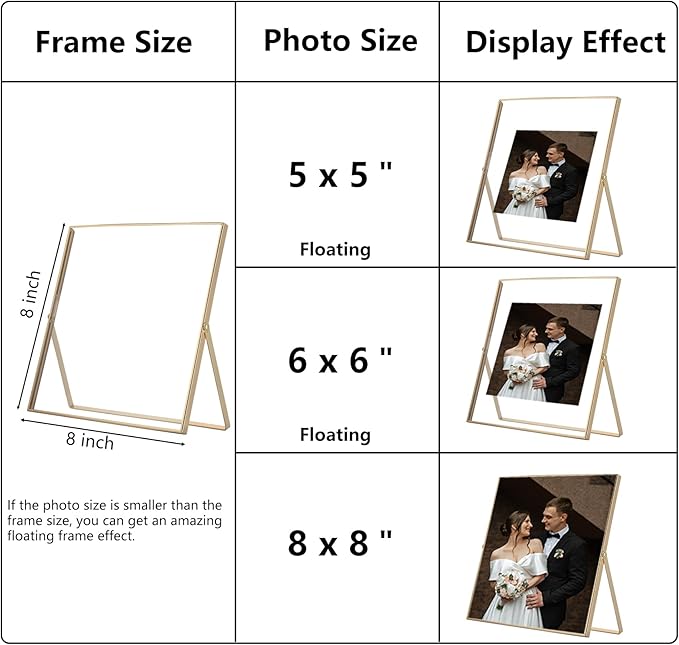 Gold 8x8" Floating Frame 2 Pack for Photo size(5x5'',6x6'' 8x8''),Adjustable Tabletop/Shelf floating Picture Frame,Classy Metal Gift Frames for Wedding,Thanksgiving,Christmas,Birthady,Home or Office Decor.