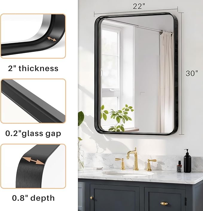 Bathroom Mirror 30x22 Inch Black Metal Frame Rectangle Vanity Mirror with Rounded Corners, Modern Wall Mounted Anti-Rust Mirror for Farmhouse, Restroom, Entryway, Horizontal or Vertical Hanging