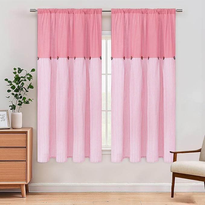ASPMIZ Farmhouse Living Room Curtains Boho, Country Linen Curtains with Rustic Buttons, Rod Pocket & Back Tab Pink Striped Curtain for Girls Bedroom Window Curtain Home Decor, 52 x 63 Inch, 2 Panels