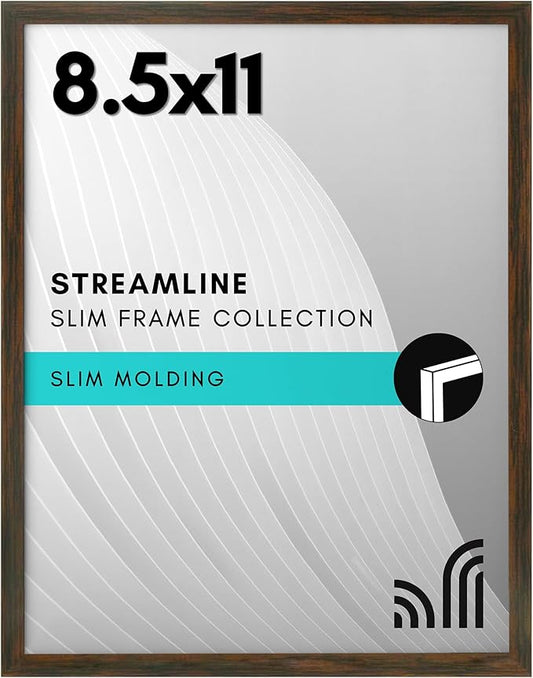 Americanflat 8.5x11 Picture Frame with Shatter-Resistant Glass - Streamline Collection - Thin Border Photo Frame for Tabletop and Wall Display - Hanging Hardware and Easel Stand Included - Walnut