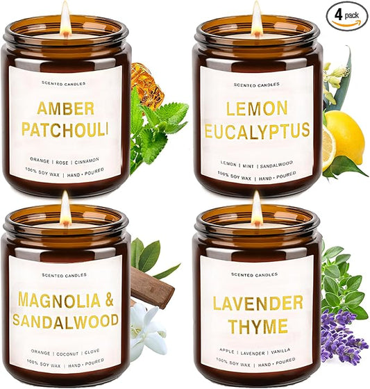 Candles for Home Scented, 4 Pack Soy Candle Non Toxic, Spring Aroma Candles with Lavender Thyme,Magnolia & Sandalwood,Amber Patchouli,Lemon Eucalyptus - Candle Gifts Set for Women & Mothers Day