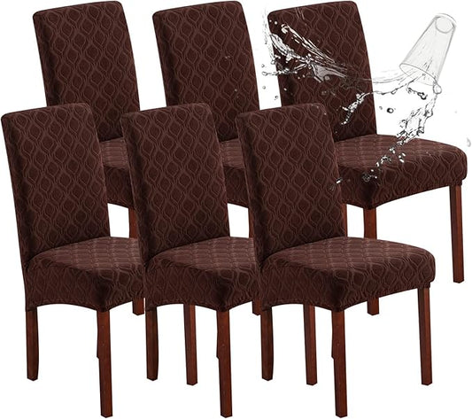 Genina Waterproof Chair Covers for Dining Room, Stretch Jacquard Dining Chair Slipcovers Removable Washable Chair Protector for Kitchen, Hotel, Restaurant (Jacquard-Chocolate, 6 PCS)