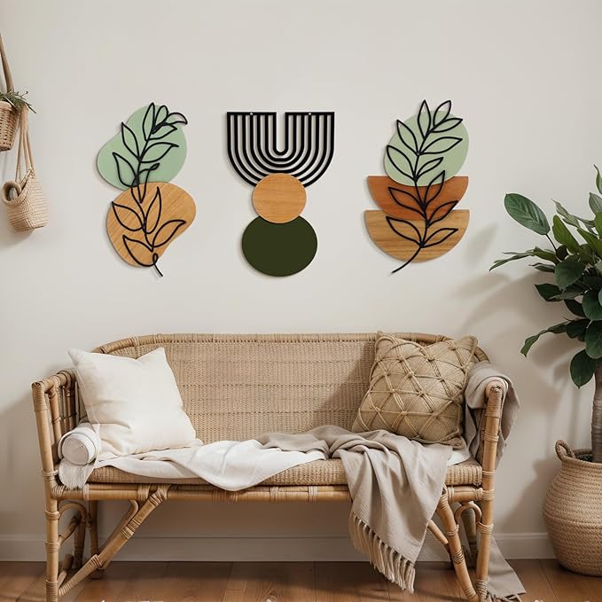 Wenqik Set of 3 Boho Wall Art Decor 3D Wood & Metal Abstract Geometric Wall Hangings Sculpture 15 x 6in Sage Green Beige Terracotta Minimalist Botanical Artwork for Home Decor Gallery Living Room
