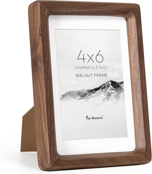 Fun Memories 4x6 Picture Frame, USA-Sourced Walnut Wood Photo Frames with HD Tempered Glass, Handcrafted Rounded Corner 4 x 6 Wooden Frame Matted to 3.5x5 Photos, 4x6 Frames, Tabletop or Wall Display