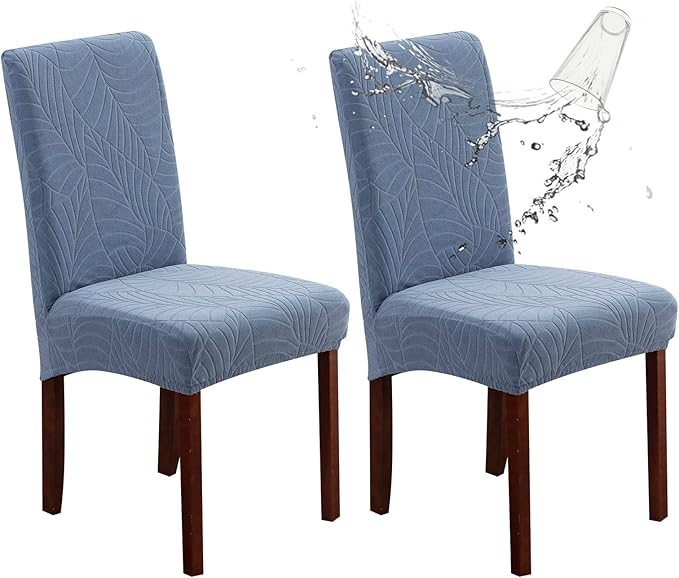 Genina Waterproof Chair Covers for Dining Room, Stretch Jacquard Dining Chair Slipcovers Removable Washable Chair Protector for Kitchen, Hotel, Restaurant (Leaves-Light Blue, 2 PCS)