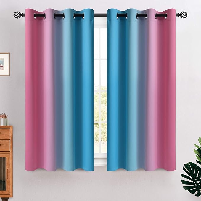 COSVIYA Grommet Ombre Room Darkening Curtains 54 inches Length for Kids/Girls Bedroom, Polyester Light Blocking Pink and Blue Gradient Window Drapes/Curtains for Living Room,2 Panels, 52x54 inches