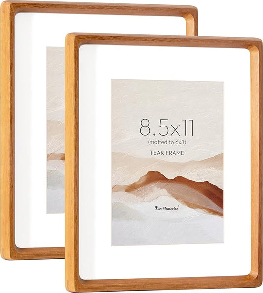 8.5 by 11 Picture Frame, USA-Sourced Teak Wood Photo Frame with HD Tempered Glass, Handcrafted Rounded Corner 8.5 x 11 Picture Wooden Frames Matted to 6x8 Photos, Tabletop or Wall Display, 2 Pack
