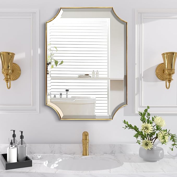 POZINO Rectangle Beveled Mirror, 24"x40" Brushed Gold Bathroom Vanity Mirrors with Stainless Steel Frame, Modern Aesthetic Wall Mirror for Hallway Entryway Living Room, Horizontal or Vertical Hanging