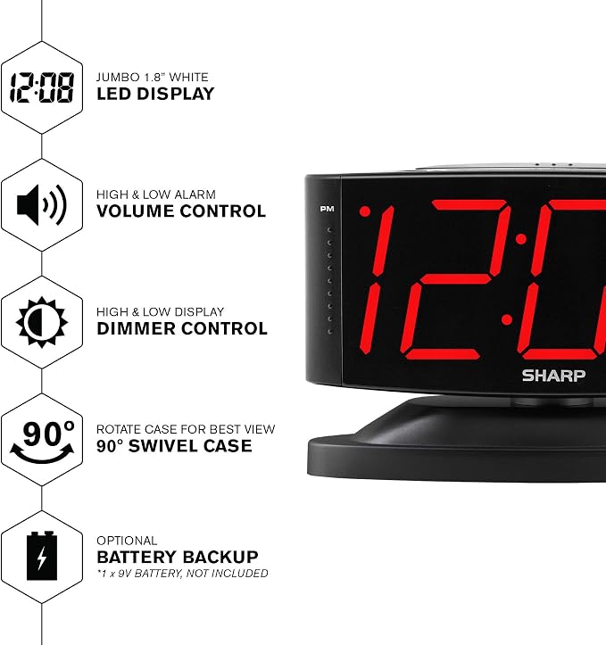 Sharp Outlet-Powered Alarm Clock with Swivel Base, Red LED and Dimmer | Outlet powered; Swivel base; Large red LED digits; Adjustable brightness; Snooze; Simple controls; Midnight Black - Image 2