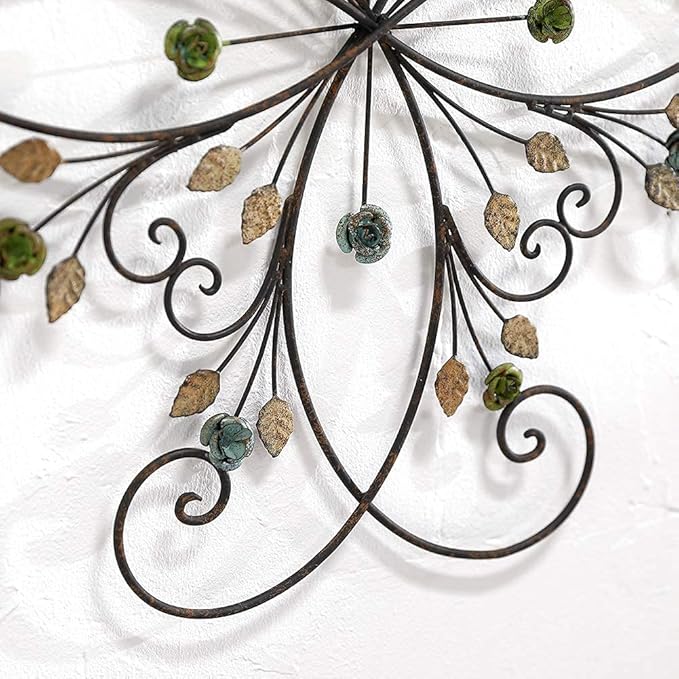 KUWIVO Lechesis 24" Metal Flower Scroll Wall Art Decor Sculptures with Rust Leaf for Living Room Bedroom