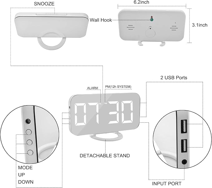 SZELAM Digital Clock Large Display, LED Electric Alarm Clocks Mirror Surface for Makeup with Diming Mode, 3 Levels Brightness, Dual USB Ports Modern Decoration for Home Bedroom Decor-White (001) - Image 4