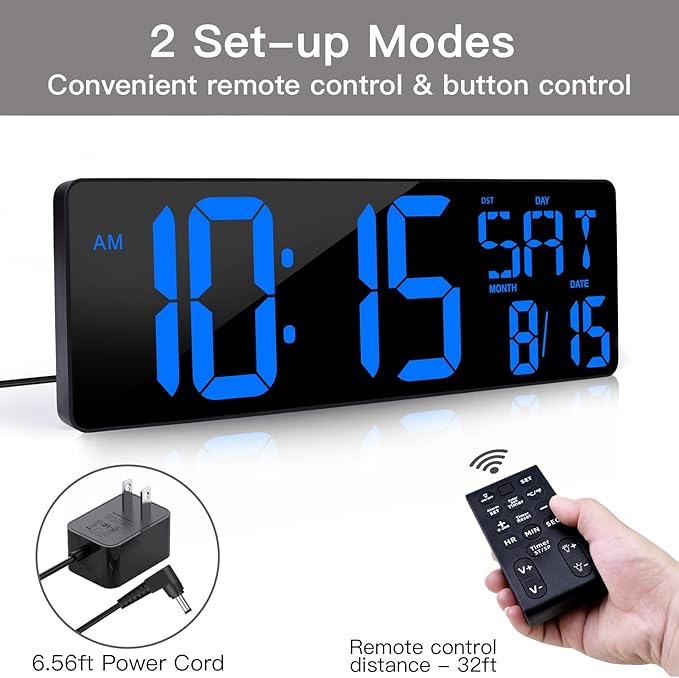 XREXS Large Digital Wall Clock with Remote Control, 16.5 Inch LED Large Display Count Up & Down Timer, Adjustable Brightness Plug-in Alarm Clock with Day/Date/Temperature for Home, Gym, Office