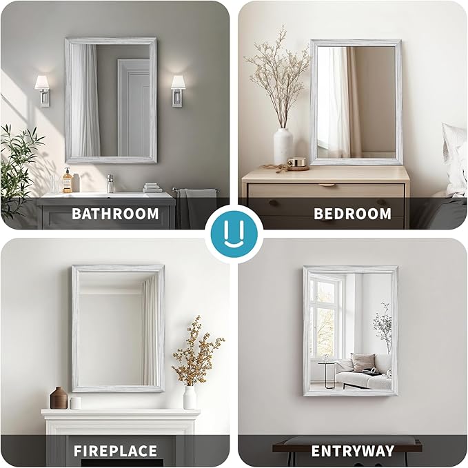 White Wood Effect Framed Wall Mirror, 20x30 Rectangle Mirror, Anti-desilvering Tempered Glass, Sustainable& Sturdy Frame, Farmhouse Mirror, Anti-Rust, 3min Fast Setup for Bathroom Living Room
