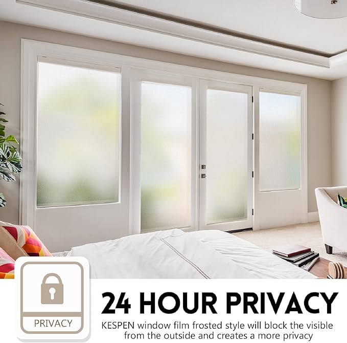 KESPEN Window Privacy Film Frosted Glass Heat Control UV Blocking Privacy Window Film for Glass Windows Static Cling Non-Adhesive Door Coverings Decals for Bathroom Home Office, 23.6 Inch X 13.1 Feet