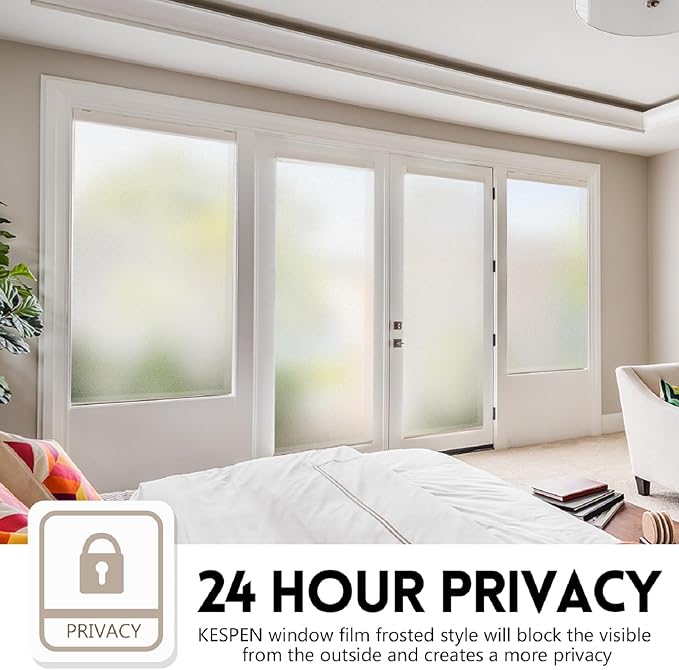 KESPEN Window Privacy Film Frosted Glass Heat Control UV Blocking Privacy Window Film for Glass Windows Static Cling Non-Adhesive Door Coverings Decals for Bathroom Home Office, 35.4 Inch X 8.2 Feet