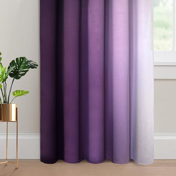 Yakamok Room Darkening Ombre Curtains 84 Inch Length, Purple and Greyish White Thermal Insulated Gradient Color Curtains,Light Blocking Grommet Window Drapes for Bedroom,70 Inch Width,2 Panels