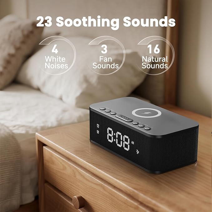 Digital Alarm Clock White Noise, Loud Digital Alarm Clocks Bedrooms, Alarm Clock Speaker Wireless Charger AUX USB Bluetooth Speaker 12/24H Dual Alarm Snooze Adjustable Brightness, Black - Image 4