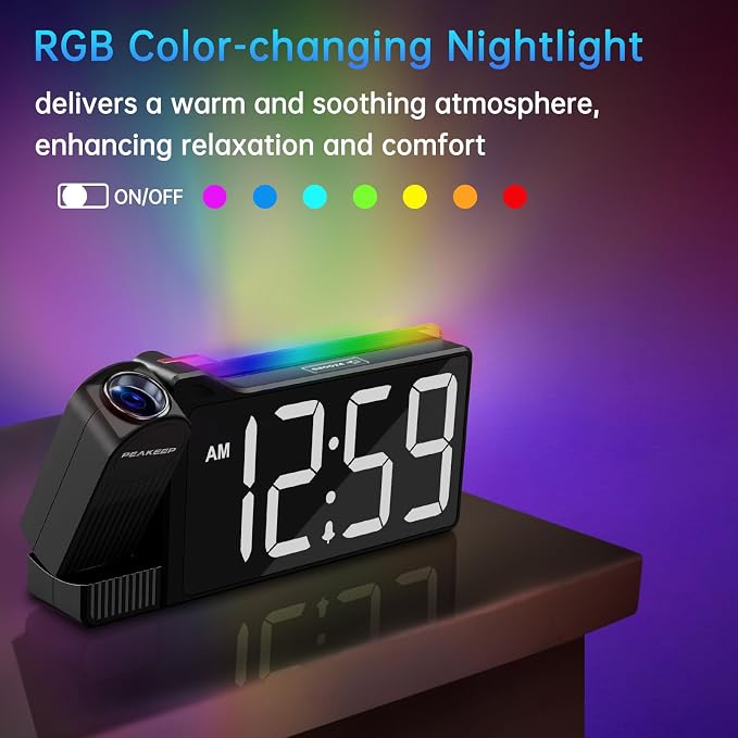 Peakeep Projection Alarm Clock for Bedroom Ceiling with Colorful Nightlight - Image 4