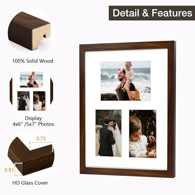 11x14 Brown Wood Picture Frame - White Mat for 5x7 and 4x6 Photos - Real Glass, Sawtooth Hanger, Swivel Tabs - Wall Mounting - Great for Posters, Weddings, and Engagements