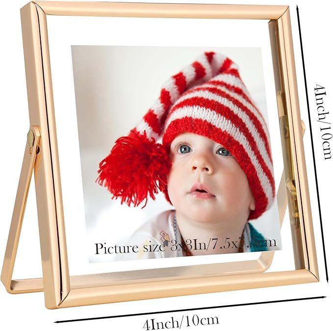Gold 4x4" Floating Frame 2 Pack for Picture 3x3'',Adjustable Tabletop/Shelf floating Photo Frame 3x3'',Classy Metal Gift Frames for Wedding,Thanksgiving,Christmas,Birthady,Home or Office Decor.