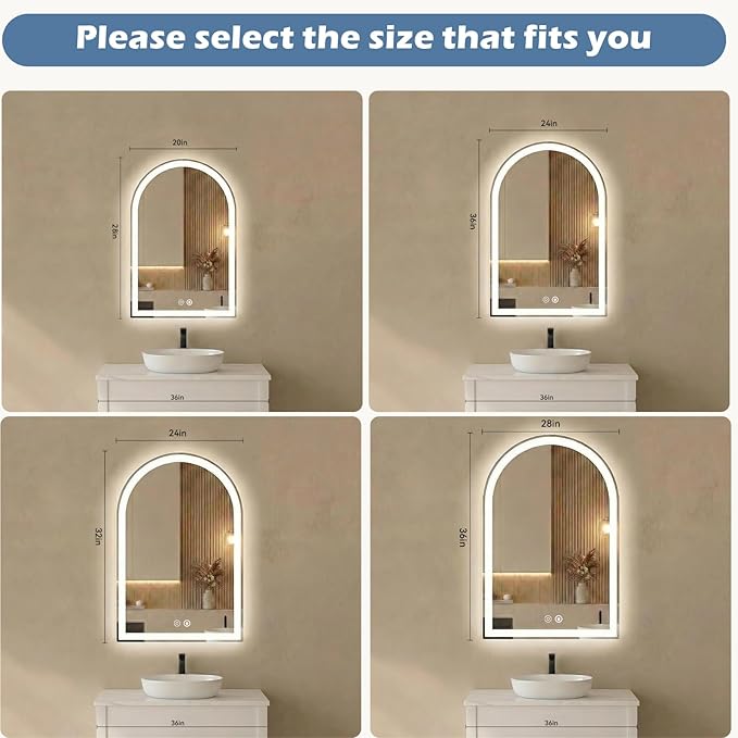 Sweetcrispy 28“×36” LED Bathroom Backlit Mirror with Lights, Arched Vanity Mirror with Anti-Fog, Dimmable, 3-Color Light, Memory Function, Tempered Glass