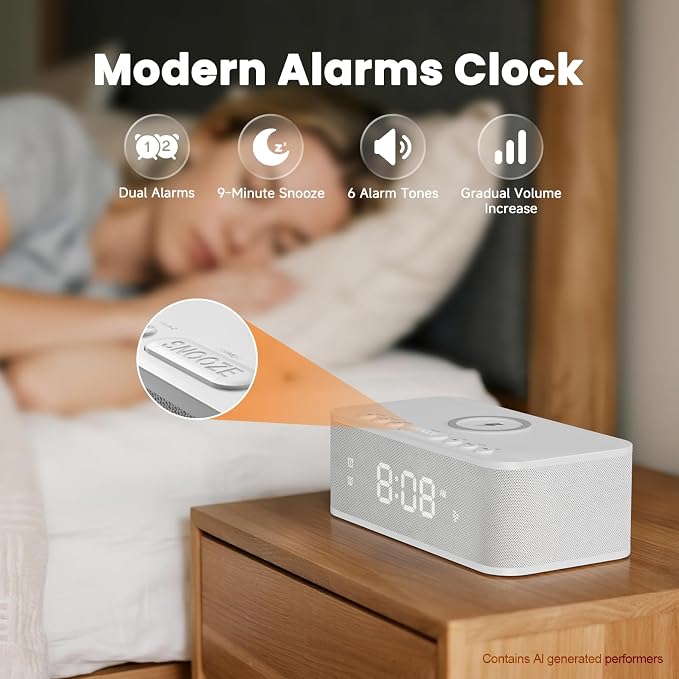 Digital Alarm Clock White Noise, Loud Digital Alarm Clocks Bedrooms, Alarm Clock Speaker Wireless Charger AUX USB Bluetooth Speaker 12/24H Dual Alarm Snooze Adjustable Brightness, White - Image 5