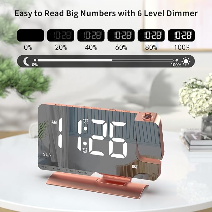 Projection Alarm Clock for Bedroom Ceiling, Pink Room Decor Digital Clock - Image 4
