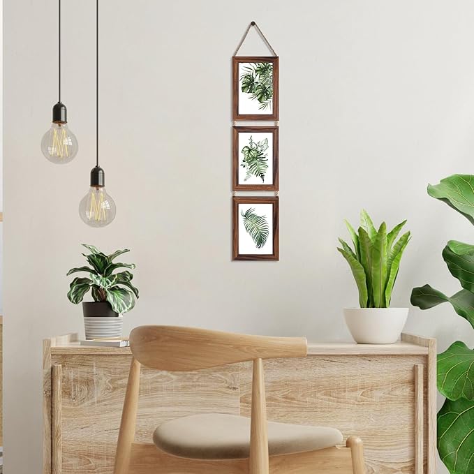 Lavezee 4x6 Collage Triple Picture Frames Set, Walnut Brown 6 Opening Hanging Vertical Frame Made to Display 4 by 6 Inch Photo Print for Wall Decor