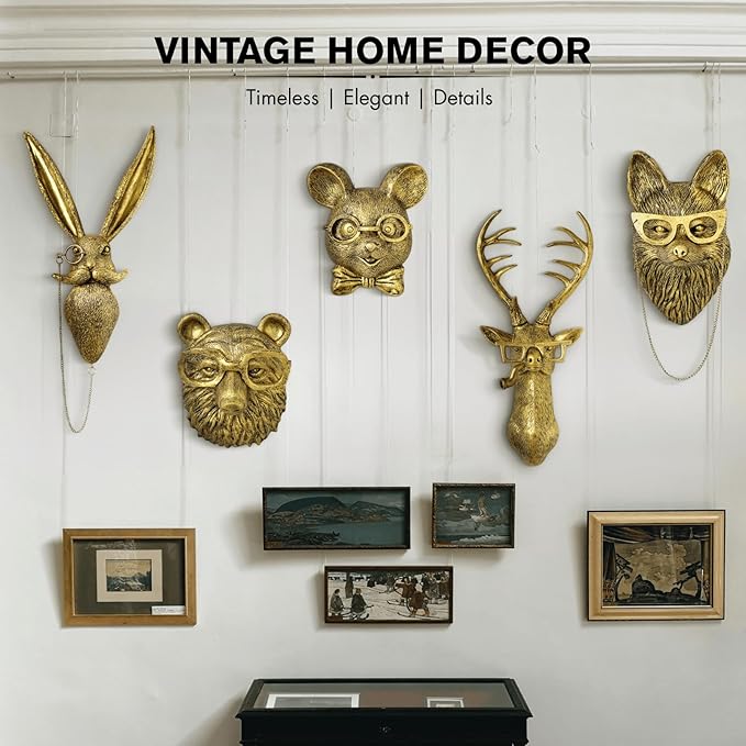 montresor 5 PCS Animals Head Wall Art Sculptures 17 inchs Gold Office Vintage 3D Wall Decor Art for Whimsigoth Home Wall Decor Lightweight Material Accent Wall Hanging Room Decor Maximalist Decor