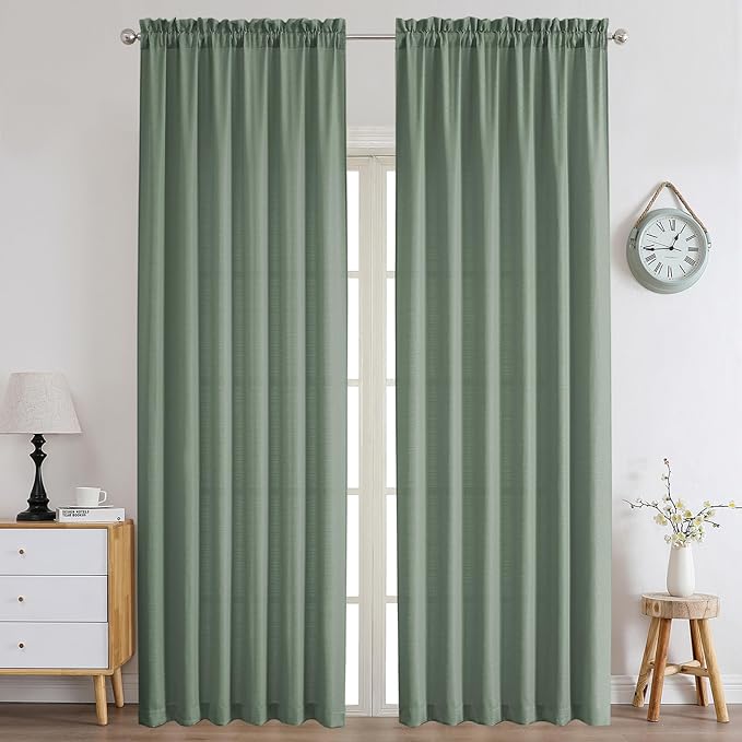 Chyhomenyc Sage Green Curtains 108 Inch Length 2 Panels Set, Faux Linen Textured Light Filtering Soft Airy Farmhouse Curtain Drapes Ceiling to Floor for Large Window, 50Wx108L