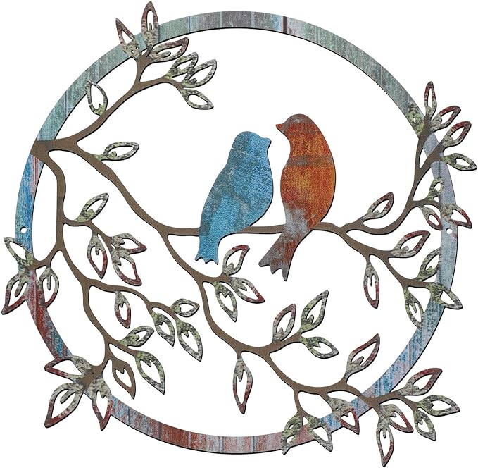 Ferraycle Metal Wall Art Bird on Tree Branch Silhouette Bird Art Decor for Living Room Garden Bedroom Office Home Wall Housewarming Party Decor(Retro Color)