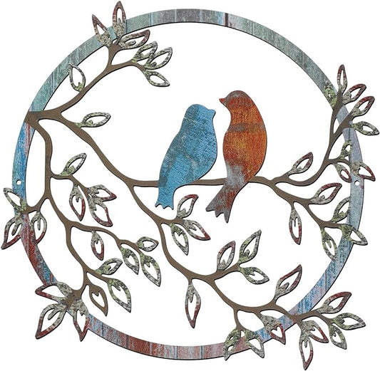 Ferraycle Metal Wall Art Bird on Tree Branch Silhouette Bird Art Decor for Living Room Garden Bedroom Office Home Wall Housewarming Party Decor(Retro Color)