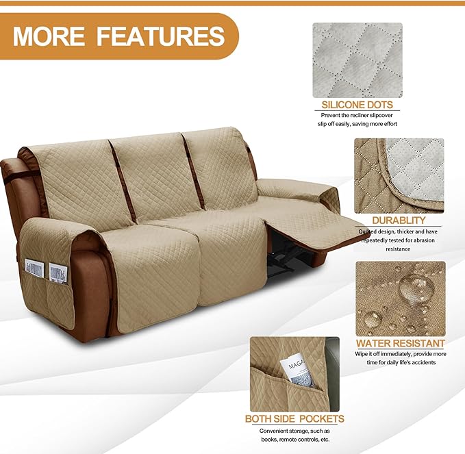 XINEAGE Water Resistant Recliner Cover, 3 Seat Sofa Covers with Pockets, Quilted Thick Protector Cover for Dog Pets with Non Slip Backing and Strap (Khaki)