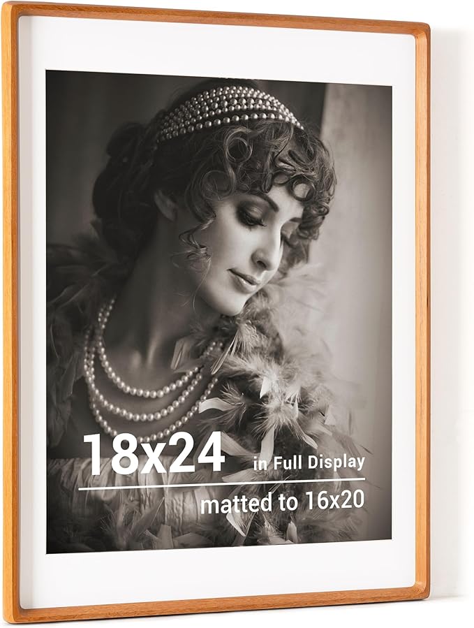 18 x 24 Poster Frame, USA-Sourced Teak Wood Picture Frame with HD Tempered Glass, Handcrafted Rounded Corner 18x24 Wooden Frames Matted to 16x20 Photos, Horizontal or Vertical Wall Display
