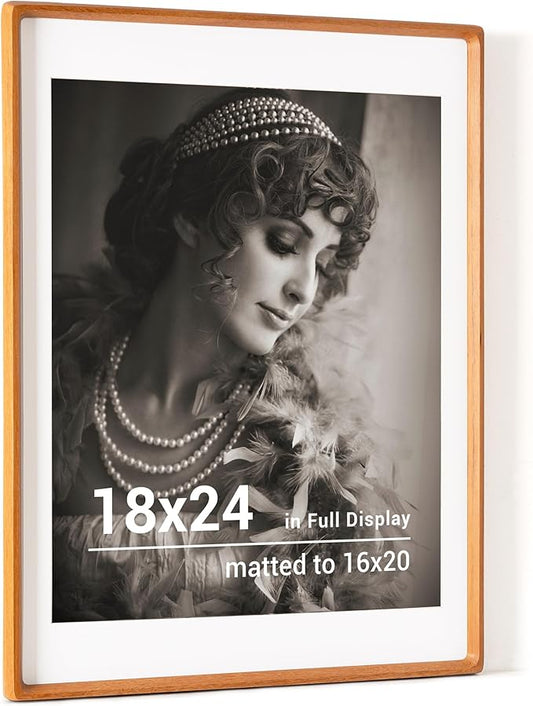 18 x 24 Poster Frame, USA-Sourced Teak Wood Picture Frame with HD Tempered Glass, Handcrafted Rounded Corner 18x24 Wooden Frames Matted to 16x20 Photos, Horizontal or Vertical Wall Display