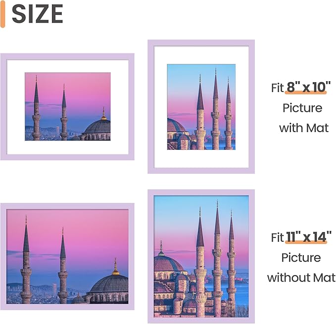 upsimples 11x14 Picture Frame, Display Pictures 8x10 with Mat or 11 x 14 Without, Wall Hanging Photo Frames, Purple, 1 Pack