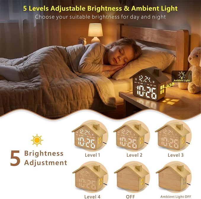 Plumeet Wooden Digital Alarm Clock, Bedroom Clock with Large Numbers, Date, Week, Dual Alarms, Dimmer and Ambient Light, House-Shaped Electric Bedside Desk Clock, Adapter Batteries Powered - Image 3