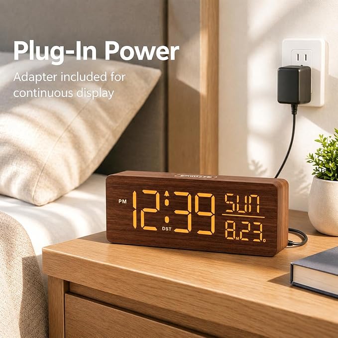 Peakeep Wooden Digital Alarm Clock Large Display, Textured Decoration - Image 2