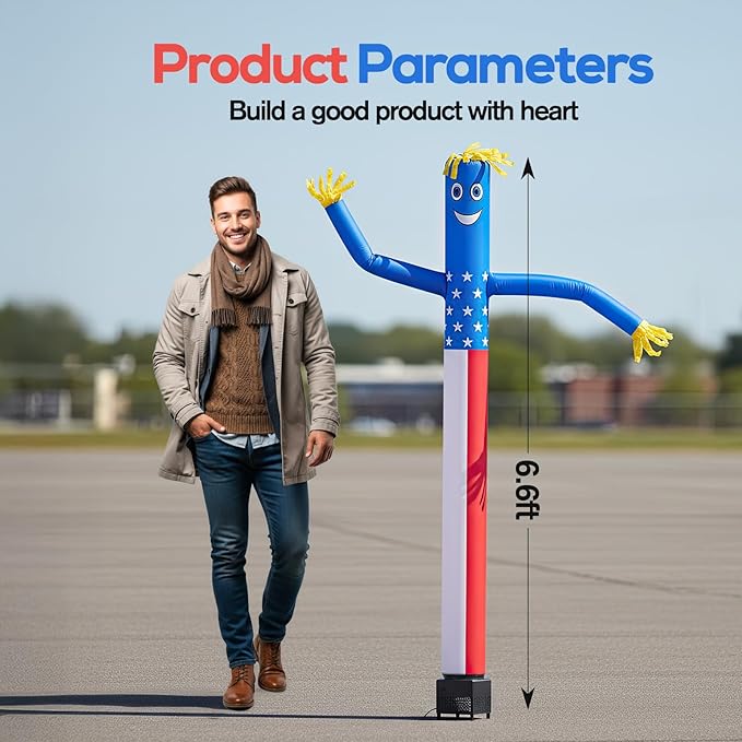 6ft American Flag Air Tube Dancer Inflatable Waving Tube Man with Lights & Built-in Blower - Wacky Waving Dancing Guy Set for Business Promotion