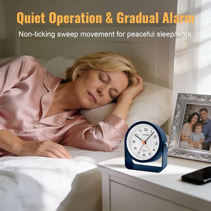 3.5 Inch Small Desk Alarm Clock, Battery Operated Analog Silent Clock with Night Light, Retro Vintage Metal Bedside Clock for Bedroom, Office, Bathroom, Dorm, Shelf, Table -Navy Blue