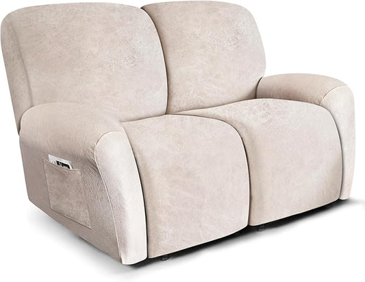 ANARACHON Loveseat Recliner Cover Leather Look Recliner Loveseat Covers Recliner Sofa Cover for 2 Seater Reclining Couch Spandex Fabric Washable 6 Pieces (2 Seater, 02 Beige)