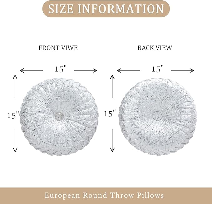 EUCIOR Round Throw Pillows,White and Silver Throw Pillows,White Decorative Pillow,Pumpkin Pleated Handmade Round Velvet Decorative Pillow for Sofa Bedroom Livingroom
