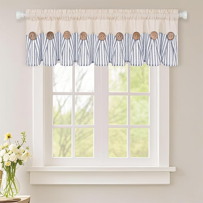 ASPMIZ Cotton Linen Kitchen Curtains Valance, Boho Rustic Button Valances for Windows Farmhouse Style, Blue Stripe Window Valances for Bathroom Cafe, Tie Up Valance for Kitchen Windows, 60 x 14 Inch